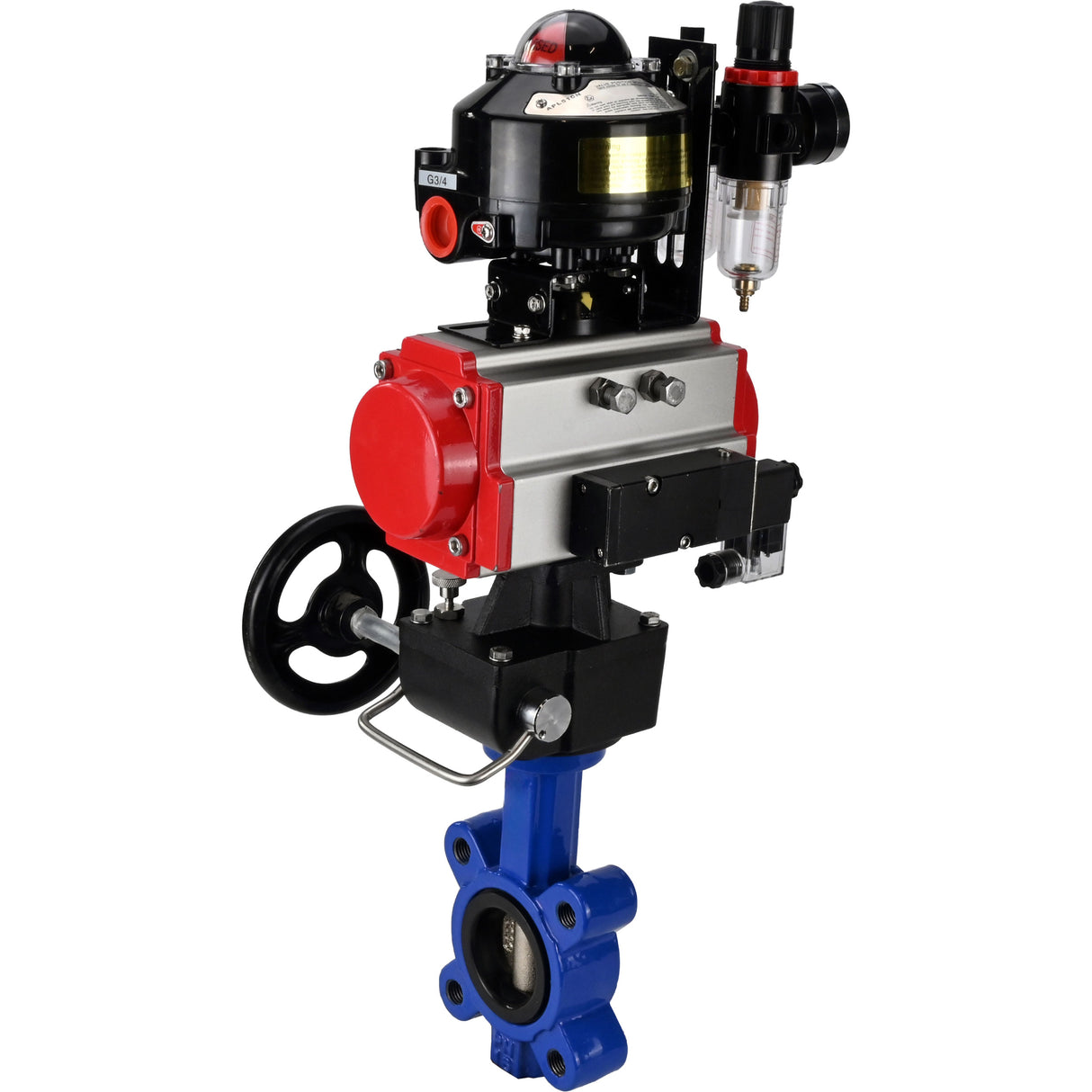 Water Butterfly Valve Elephant WBV1616N-2W-Fb-H, body material - cast iron QT450, disk material - cast iron QT450, seal - NBR, pneumatic actuator PA-DA double action, 4M310-08 24V, LSU APL-510N EX, handwheel MON, ATU AFC2000