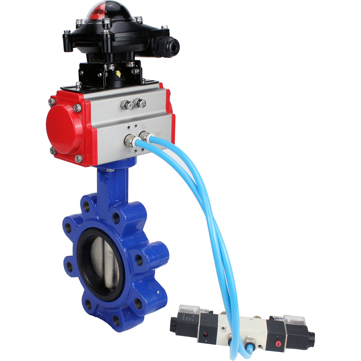 Water Butterfly Valve Elephant WBV1616E-2W-Fb-H, body material - cast iron QT450, disk material - cast iron QT450, seal - EPDM, pneumatic actuator PA-SA with return springs, 4V320-10 220V, LSU APL-210N