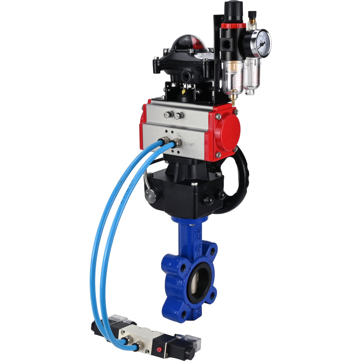 Water Butterfly Valve Elephant WBV1616N-2W-Fb-H, body material - cast iron QT450, disk material - cast iron QT450, seal - NBR, pneumatic actuator PA-DA double action, 4V320-08 220V, LSU APL-210N, handwheel MON, ATU AFC2000