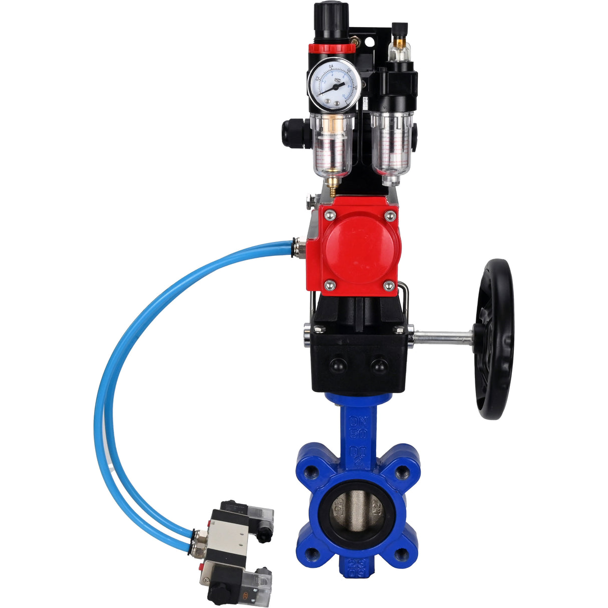 Water Butterfly Valve Elephant WBV1616N-2W-Fb-H, body material - cast iron QT450, disk material - cast iron QT450, seal - NBR, pneumatic actuator PA-DA double action, 4V320-08 220V, LSU APL-210N, handwheel MON, ATU AFC2000