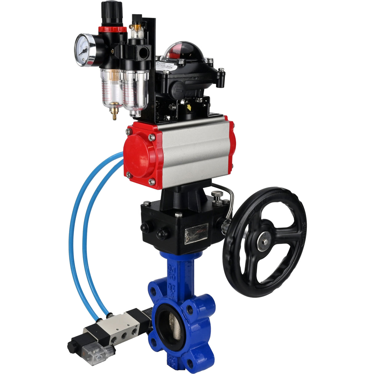 Water Butterfly Valve Elephant WBV1616N-2W-Fb-H, body material - cast iron QT450, disk material - cast iron QT450, seal - NBR, pneumatic actuator PA-DA double action, 4V320-08 220V, LSU APL-210N, handwheel MON, ATU AFC2000
