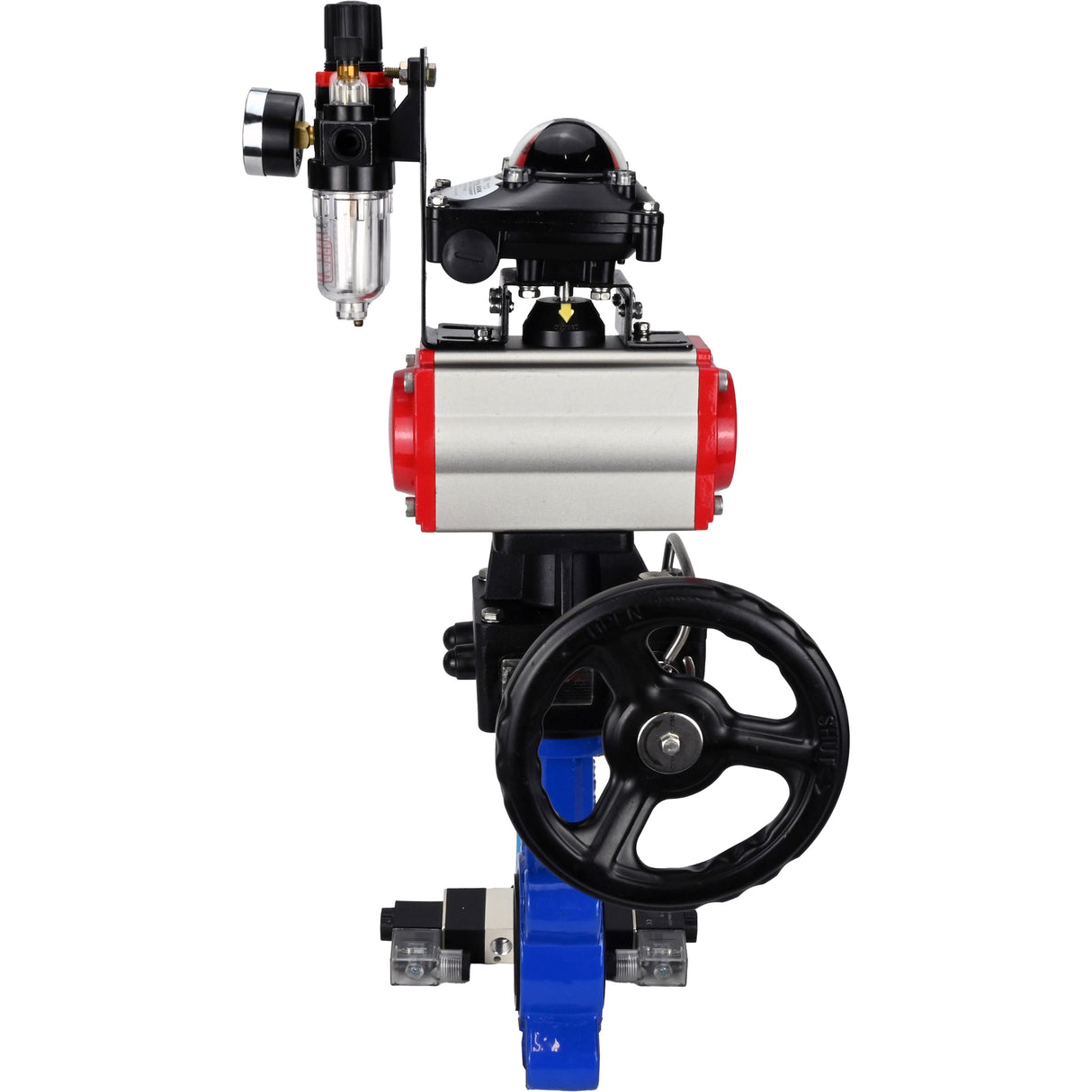 Water Butterfly Valve Elephant WBV1616N-2W-Fb-H, body material - cast iron QT450, disk material - cast iron QT450, seal - NBR, pneumatic actuator PA-DA double action, 4V320-08 220V, LSU APL-210N, handwheel MON, ATU AFC2000