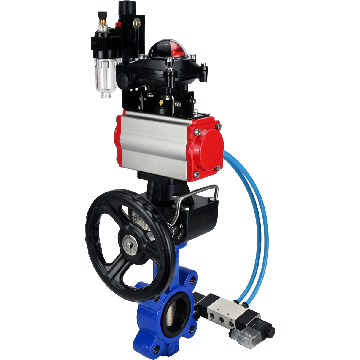Water Butterfly Valve Elephant WBV1616N-2W-Fb-H, body material - cast iron QT450, disk material - cast iron QT450, seal - NBR, pneumatic actuator PA-DA double action, 4V320-08 220V, LSU APL-210N, handwheel MON, ATU AFC2000