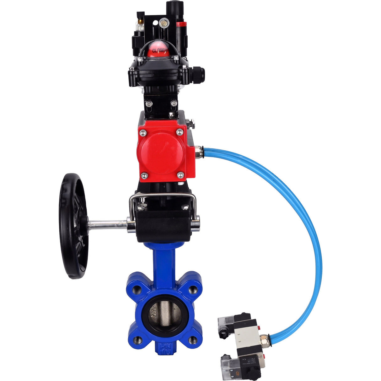 Water Butterfly Valve Elephant WBV1616N-2W-Fb-H, body material - cast iron QT450, disk material - cast iron QT450, seal - NBR, pneumatic actuator PA-DA double action, 4V320-08 220V, LSU APL-210N, handwheel MON, ATU AFC2000
