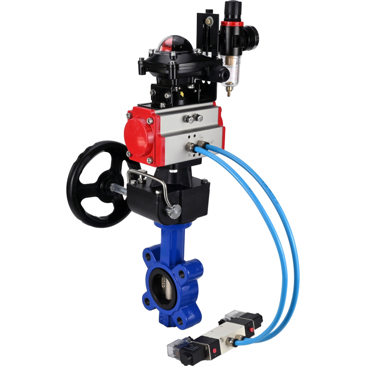 Water Butterfly Valve Elephant WBV1616N-2W-Fb-H, body material - cast iron QT450, disk material - cast iron QT450, seal - NBR, pneumatic actuator PA-DA double action, 4V320-08 220V, LSU APL-210N, handwheel MON, ATU AFC2000