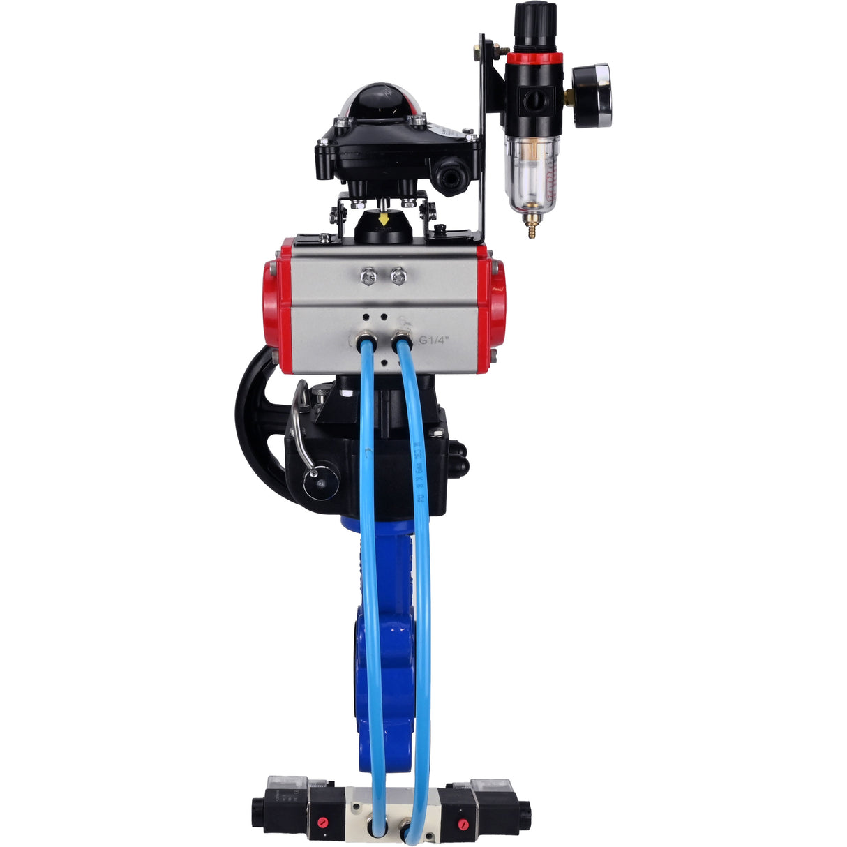 Water Butterfly Valve Elephant WBV1616N-2W-Fb-H, body material - cast iron QT450, disk material - cast iron QT450, seal - NBR, pneumatic actuator PA-DA double action, 4V320-08 220V, LSU APL-210N, handwheel MON, ATU AFC2000