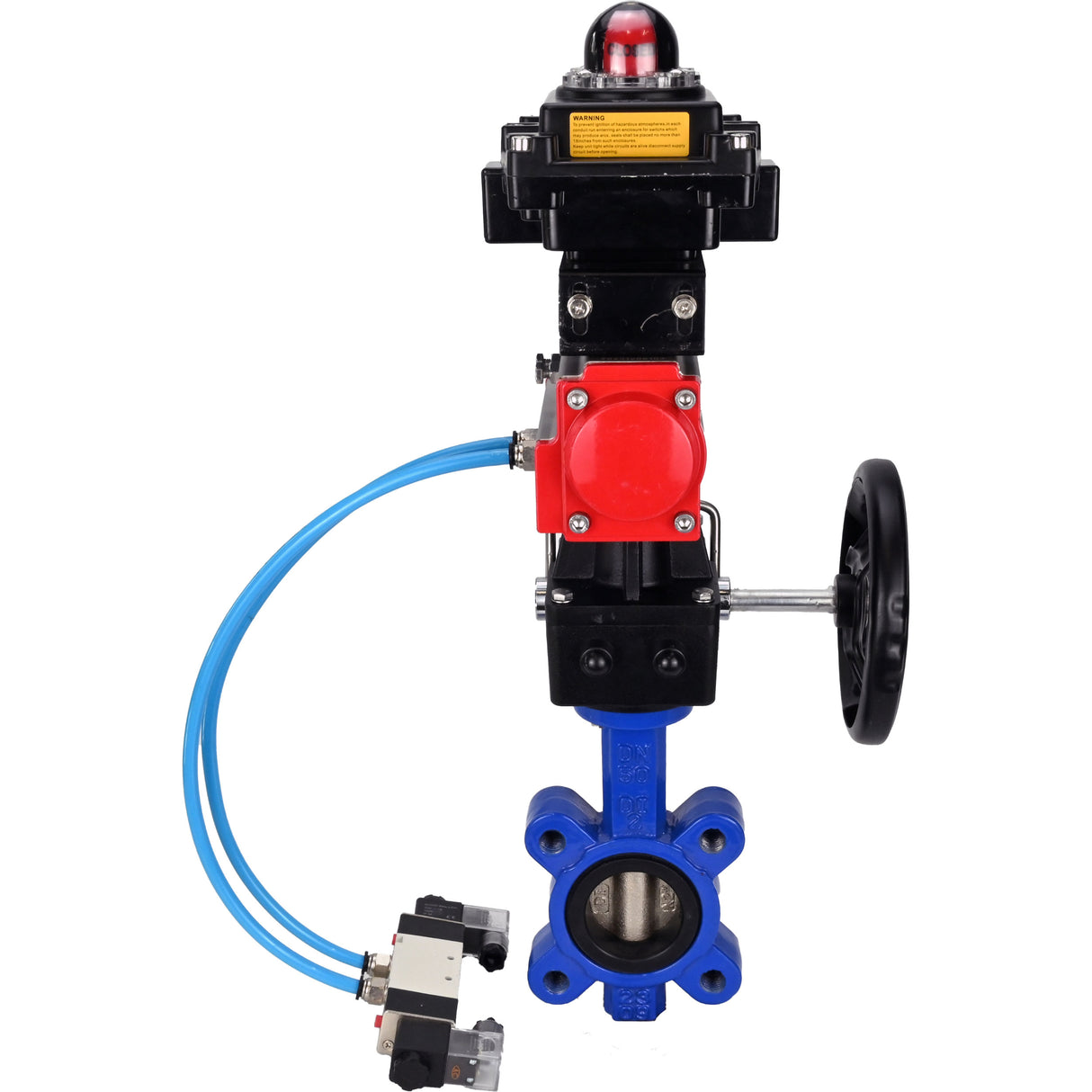 Water Butterfly Valve Elephant WBV1616N-2W-Fb-H, body material - cast iron QT450, disk material - cast iron QT450, seal - NBR, pneumatic actuator PA-DA double action, 4V320-10 220V, LSU APL-410N EX, handwheel MON