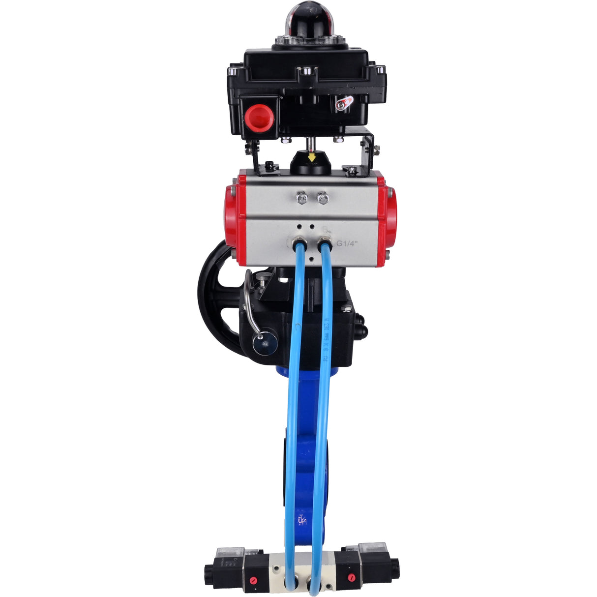 Water Butterfly Valve Elephant WBV1616N-2W-Fb-H, body material - cast iron QT450, disk material - cast iron QT450, seal - NBR, pneumatic actuator PA-DA double action, 4V320-10 220V, LSU APL-410N EX, handwheel MON