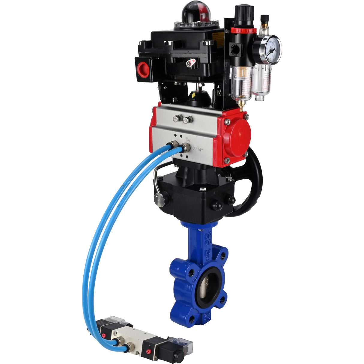 Water Butterfly Valve Elephant WBV1616N-2W-Fb-H, body material - cast iron QT450, disk material - cast iron QT450, seal - NBR, pneumatic actuator PA-DA double action, 4V320-10 220V, LSU APL-410N EX, handwheel MON, ATU AFC2000
