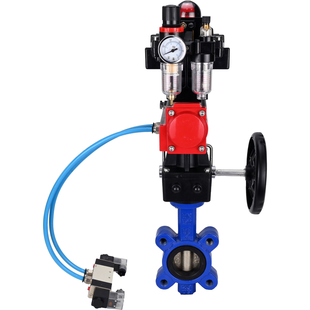 Water Butterfly Valve Elephant WBV1616N-2W-Fb-H, body material - cast iron QT450, disk material - cast iron QT450, seal - NBR, pneumatic actuator PA-DA double action, 4V320-10 220V, LSU APL-410N EX, handwheel MON, ATU AFC2000