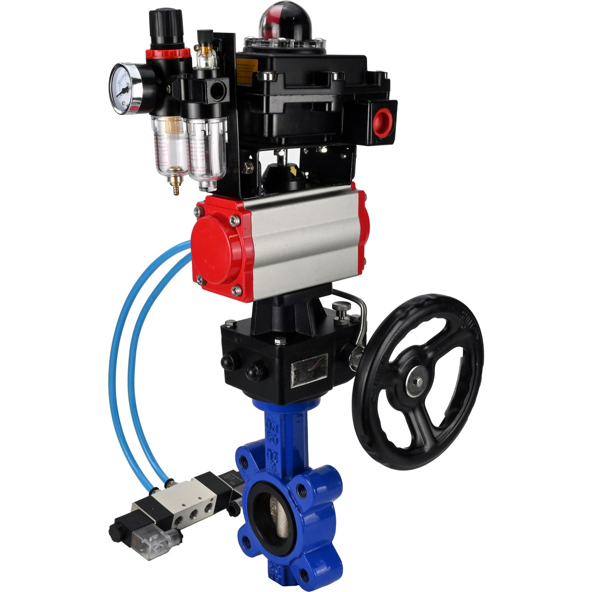 Water Butterfly Valve Elephant WBV1616N-2W-Fb-H, body material - cast iron QT450, disk material - cast iron QT450, seal - NBR, pneumatic actuator PA-DA double action, 4V320-10 220V, LSU APL-410N EX, handwheel MON, ATU AFC2000