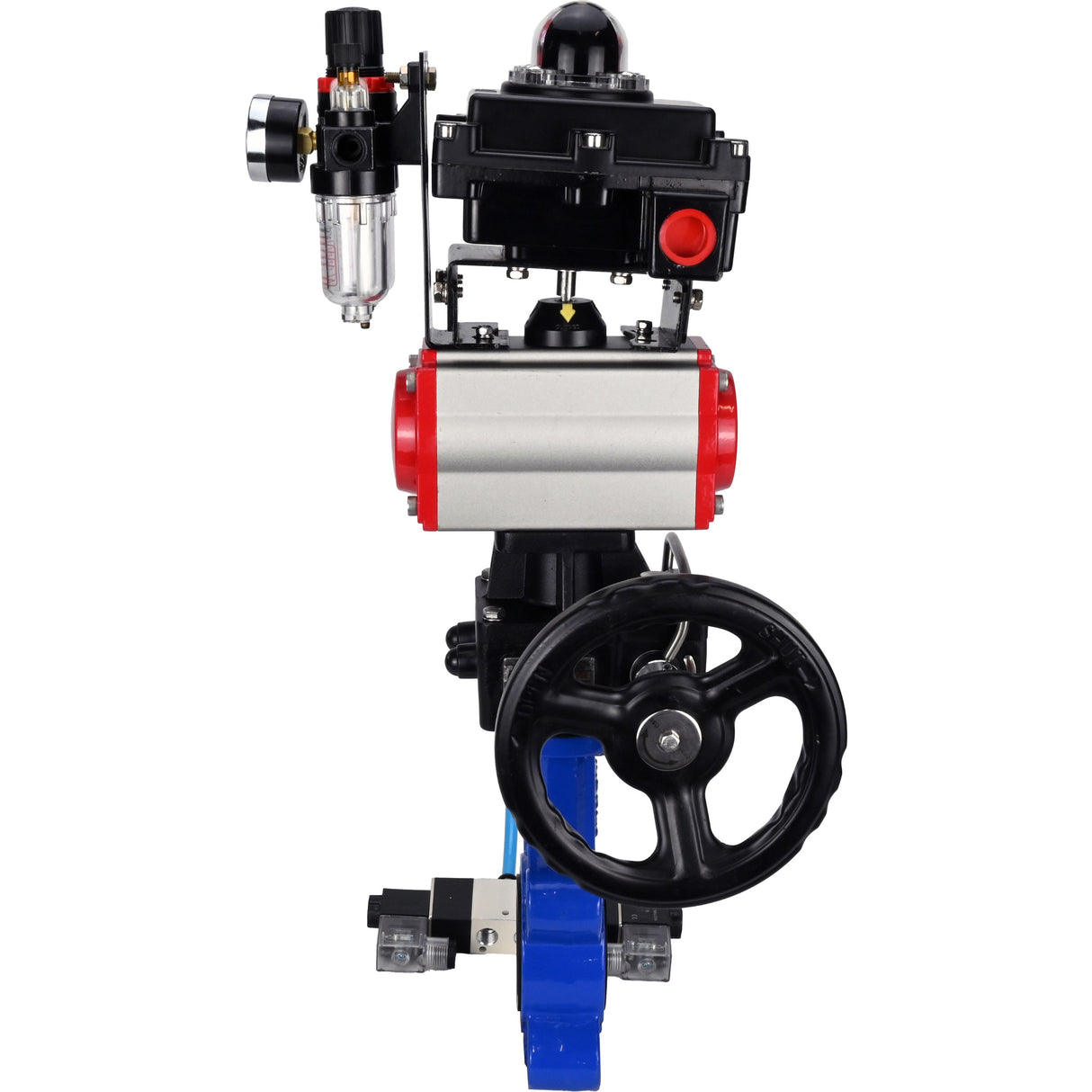 Water Butterfly Valve Elephant WBV1616N-2W-Fb-H, body material - cast iron QT450, disk material - cast iron QT450, seal - NBR, pneumatic actuator PA-DA double action, 4V320-10 220V, LSU APL-410N EX, handwheel MON, ATU AFC2000