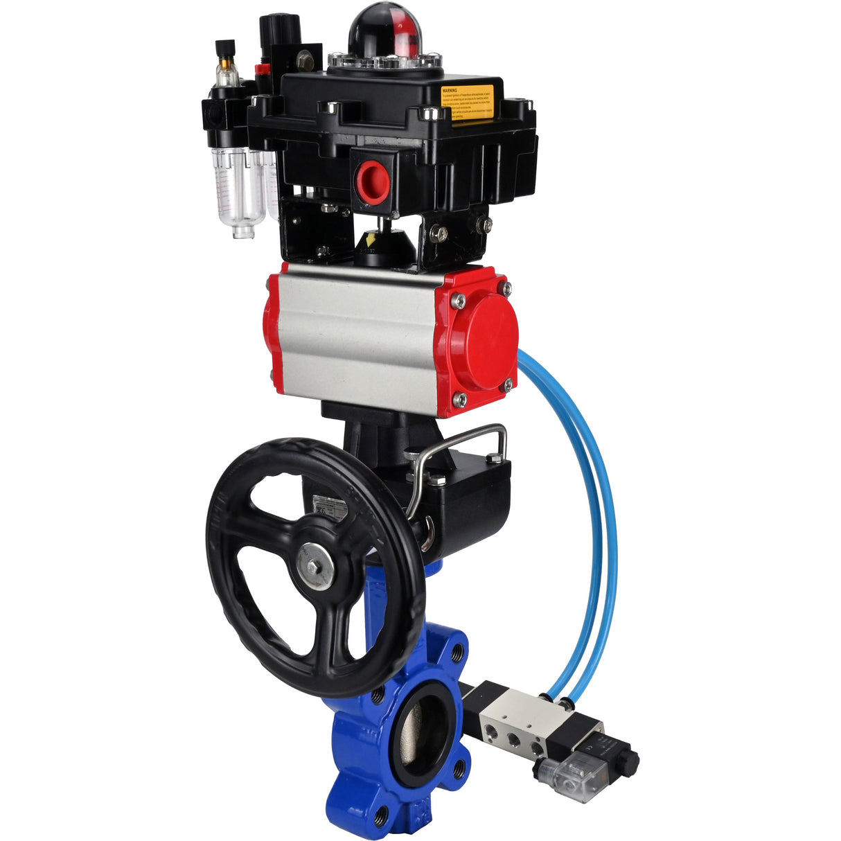 Water Butterfly Valve Elephant WBV1616N-2W-Fb-H, body material - cast iron QT450, disk material - cast iron QT450, seal - NBR, pneumatic actuator PA-DA double action, 4V320-10 220V, LSU APL-410N EX, handwheel MON, ATU AFC2000