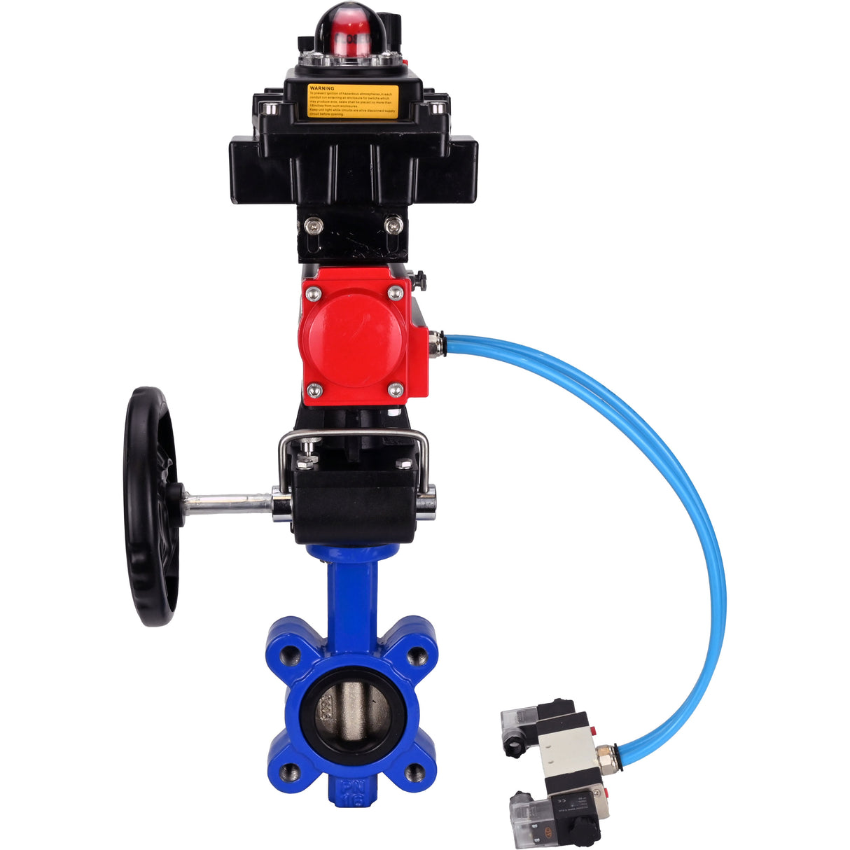 Water Butterfly Valve Elephant WBV1616N-2W-Fb-H, body material - cast iron QT450, disk material - cast iron QT450, seal - NBR, pneumatic actuator PA-DA double action, 4V320-10 220V, LSU APL-410N EX, handwheel MON, ATU AFC2000