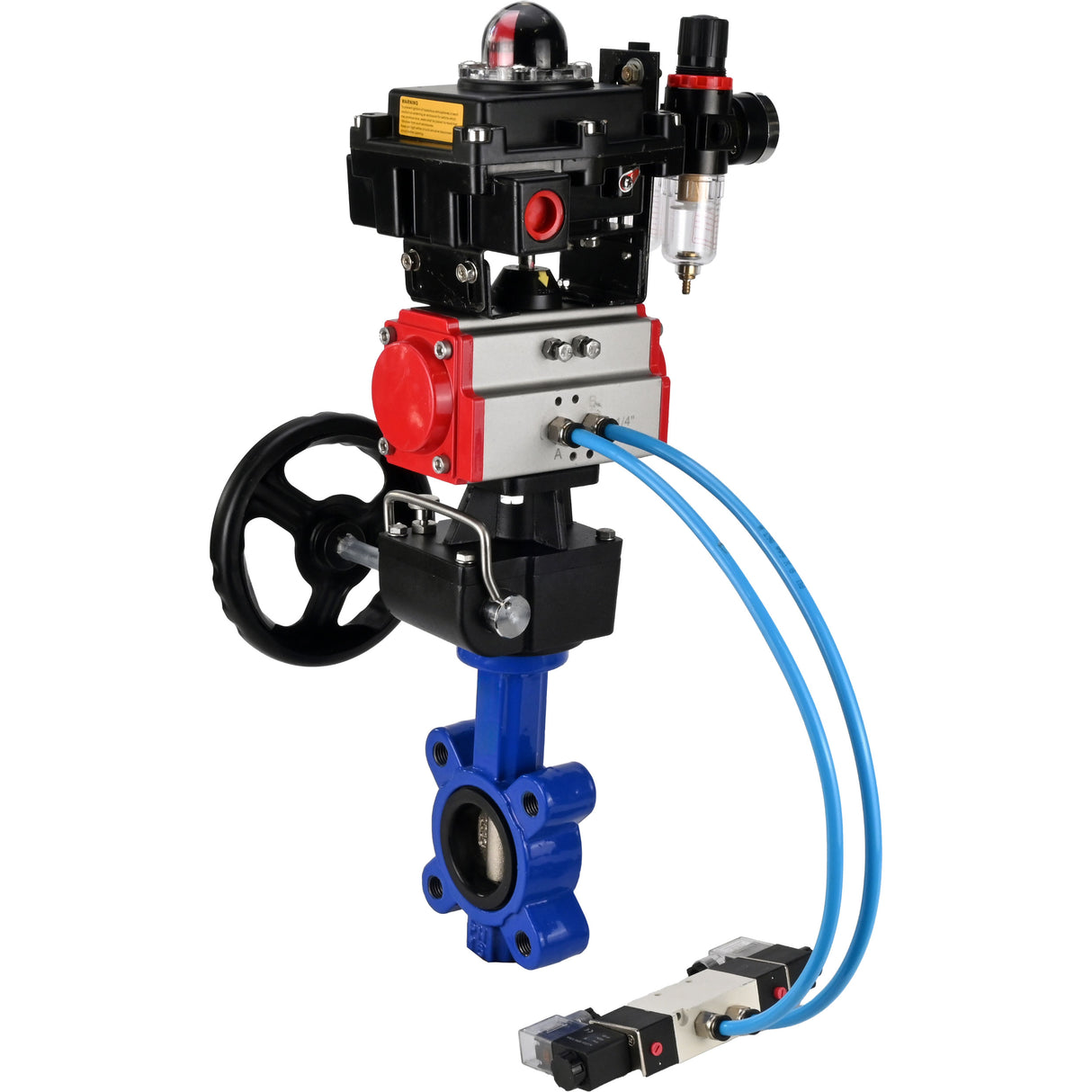 Water Butterfly Valve Elephant WBV1616N-2W-Fb-H, body material - cast iron QT450, disk material - cast iron QT450, seal - NBR, pneumatic actuator PA-DA double action, 4V320-10 220V, LSU APL-410N EX, handwheel MON, ATU AFC2000