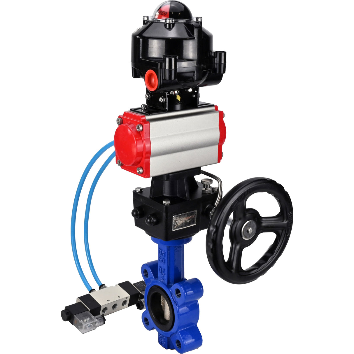 Water Butterfly Valve Elephant WBV1616N-2W-Fb-H, body material - cast iron QT450, disk material - cast iron QT450, seal - NBR, pneumatic actuator PA-DA double action, 4V320-10 220V, LSU APL-510N EX, handwheel MON