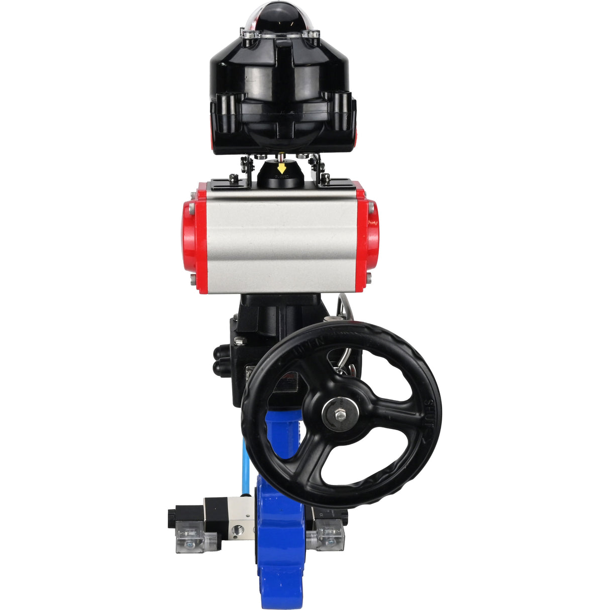 Water Butterfly Valve Elephant WBV1616N-2W-Fb-H, body material - cast iron QT450, disk material - cast iron QT450, seal - NBR, pneumatic actuator PA-DA double action, 4V320-10 220V, LSU APL-510N EX, handwheel MON