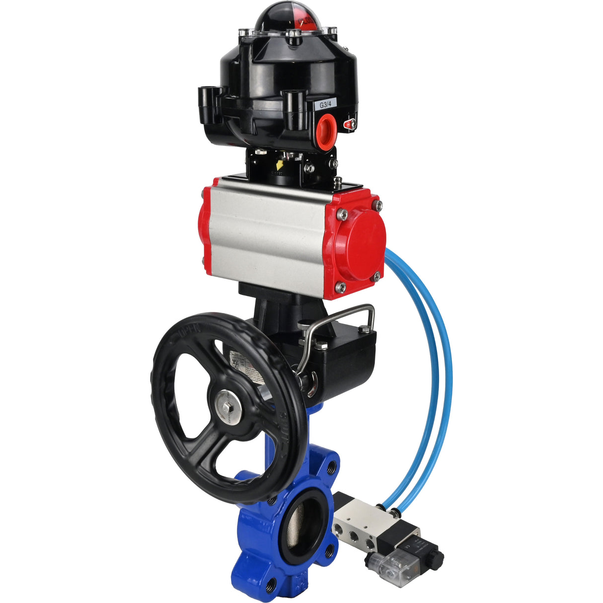 Water Butterfly Valve Elephant WBV1616N-2W-Fb-H, body material - cast iron QT450, disk material - cast iron QT450, seal - NBR, pneumatic actuator PA-DA double action, 4V320-10 220V, LSU APL-510N EX, handwheel MON