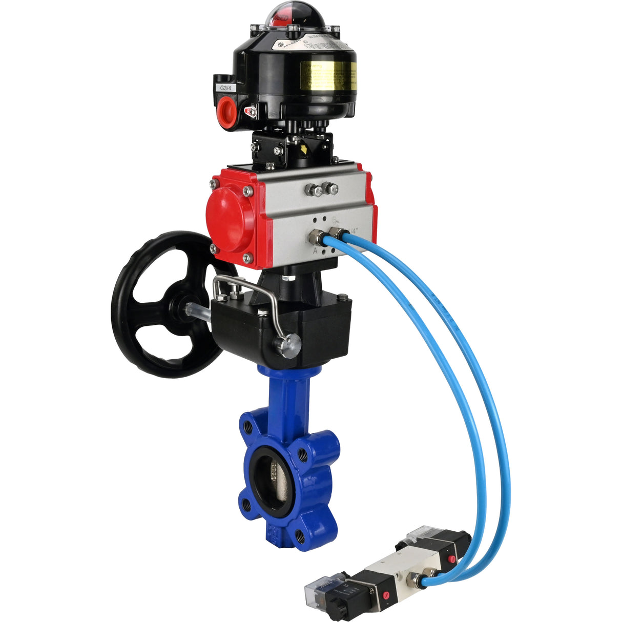 Water Butterfly Valve Elephant WBV1616N-2W-Fb-H, body material - cast iron QT450, disk material - cast iron QT450, seal - NBR, pneumatic actuator PA-DA double action, 4V320-10 220V, LSU APL-510N EX, handwheel MON