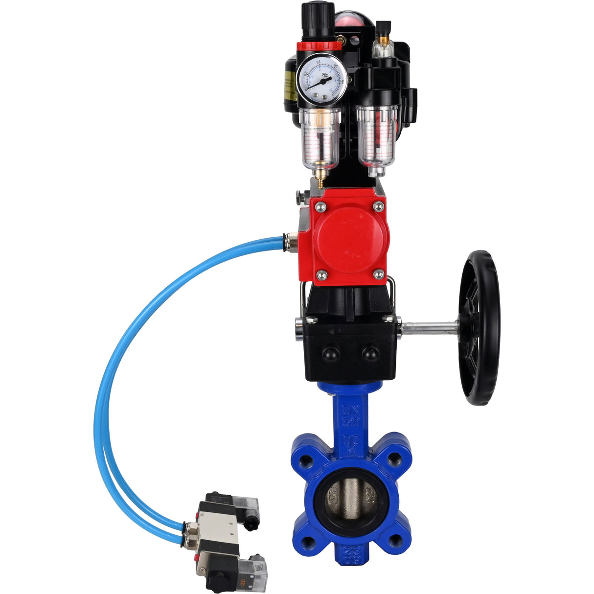 Water Butterfly Valve Elephant WBV1616N-2W-Fb-H, body material - cast iron QT450, disk material - cast iron QT450, seal - NBR, pneumatic actuator PA-DA double action, 4V320-08 220V, LSU APL-510N EX, handwheel MON, ATU AFC2000