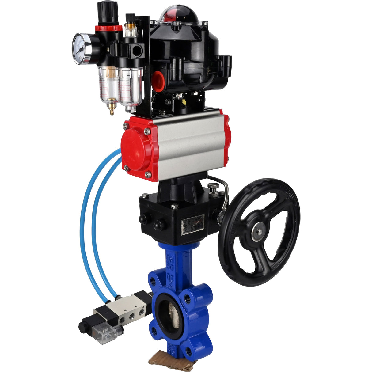 Water Butterfly Valve Elephant WBV1616N-2W-Fb-H, body material - cast iron QT450, disk material - cast iron QT450, seal - NBR, pneumatic actuator PA-DA double action, 4V320-08 220V, LSU APL-510N EX, handwheel MON, ATU AFC2000