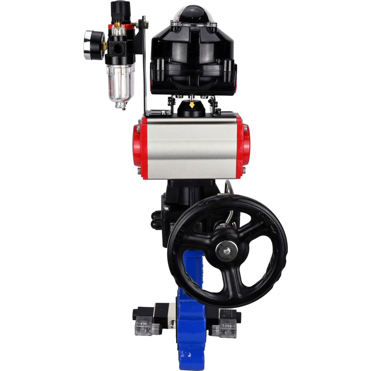 Water Butterfly Valve Elephant WBV1616N-2W-Fb-H, body material - cast iron QT450, disk material - cast iron QT450, seal - NBR, pneumatic actuator PA-DA double action, 4V320-08 220V, LSU APL-510N EX, handwheel MON, ATU AFC2000
