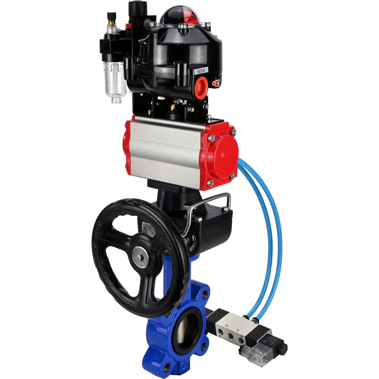 Water Butterfly Valve Elephant WBV1616N-2W-Fb-H, body material - cast iron QT450, disk material - cast iron QT450, seal - NBR, pneumatic actuator PA-DA double action, 4V320-08 220V, LSU APL-510N EX, handwheel MON, ATU AFC2000