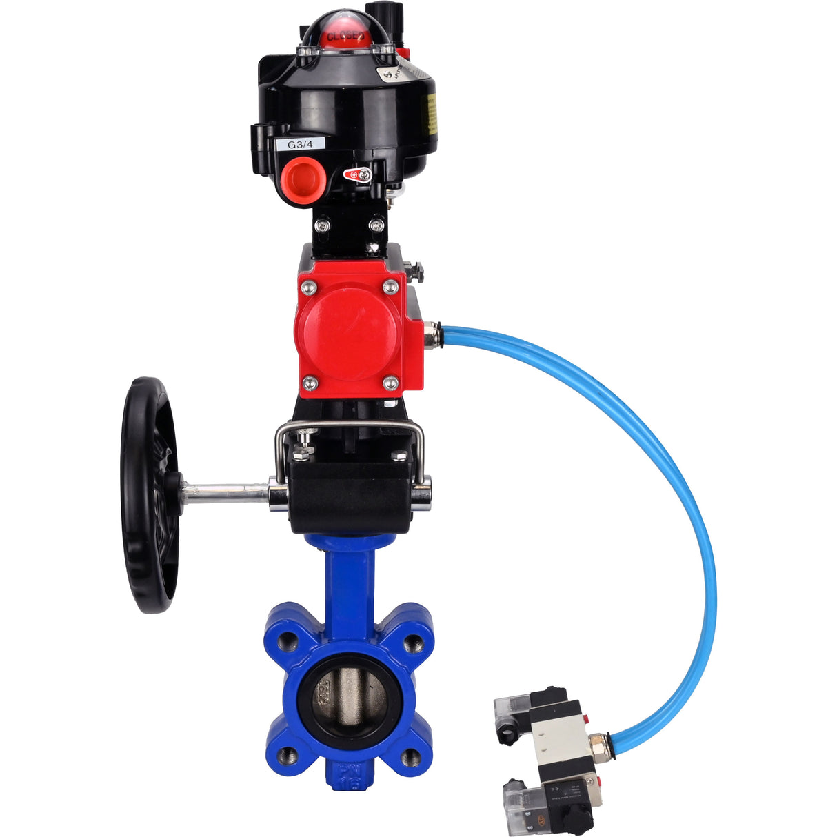 Water Butterfly Valve Elephant WBV1616N-2W-Fb-H, body material - cast iron QT450, disk material - cast iron QT450, seal - NBR, pneumatic actuator PA-DA double action, 4V320-08 220V, LSU APL-510N EX, handwheel MON, ATU AFC2000