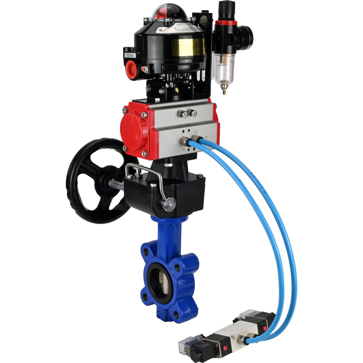 Water Butterfly Valve Elephant WBV1616N-2W-Fb-H, body material - cast iron QT450, disk material - cast iron QT450, seal - NBR, pneumatic actuator PA-DA double action, 4V320-08 220V, LSU APL-510N EX, handwheel MON, ATU AFC2000