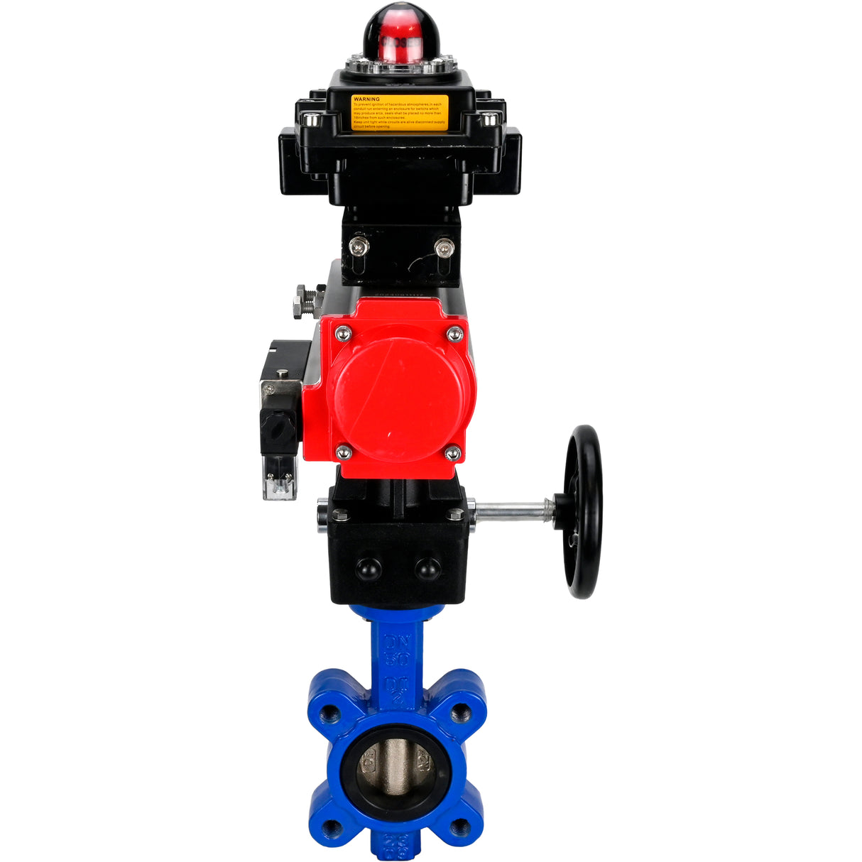 Water Butterfly Valve Elephant WBV1616N-2W-Fb-H, body material - cast iron QT450, disk material - cast iron QT450, seal - NBR, pneumatic actuator PA-DA double action, 4M310-08 24V, LSU APL-410N EX, handwheel MON