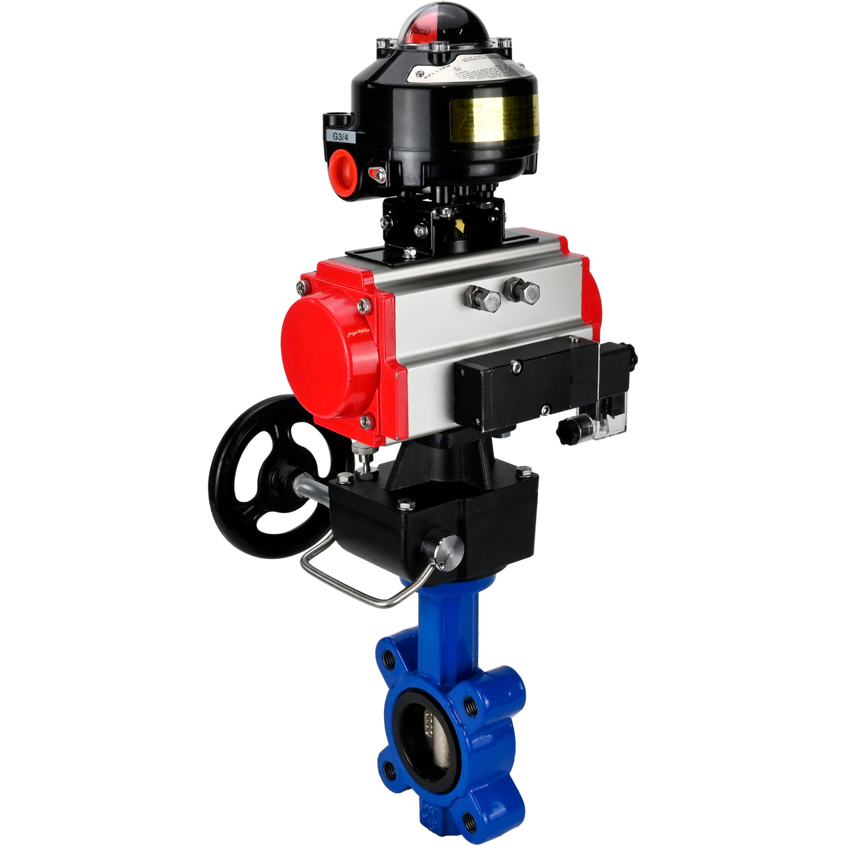 Water Butterfly Valve Elephant WBV1616E-2W-Fb-H, body material - cast iron QT450, disk material - cast iron QT450, seal - EPDM, pneumatic actuator PA-DA double action, 4M310-08 24V, LSU APL-510N EX, handwheel MON