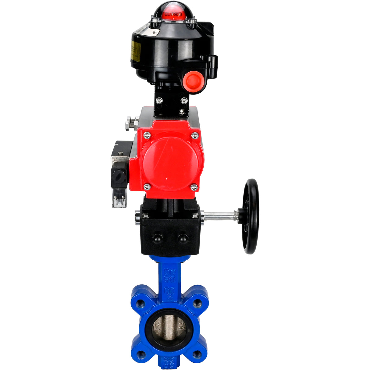 Water Butterfly Valve Elephant WBV1616E-2W-Fb-H, body material - cast iron QT450, disk material - cast iron QT450, seal - EPDM, pneumatic actuator PA-DA double action, 4M310-08 24V, LSU APL-510N EX, handwheel MON