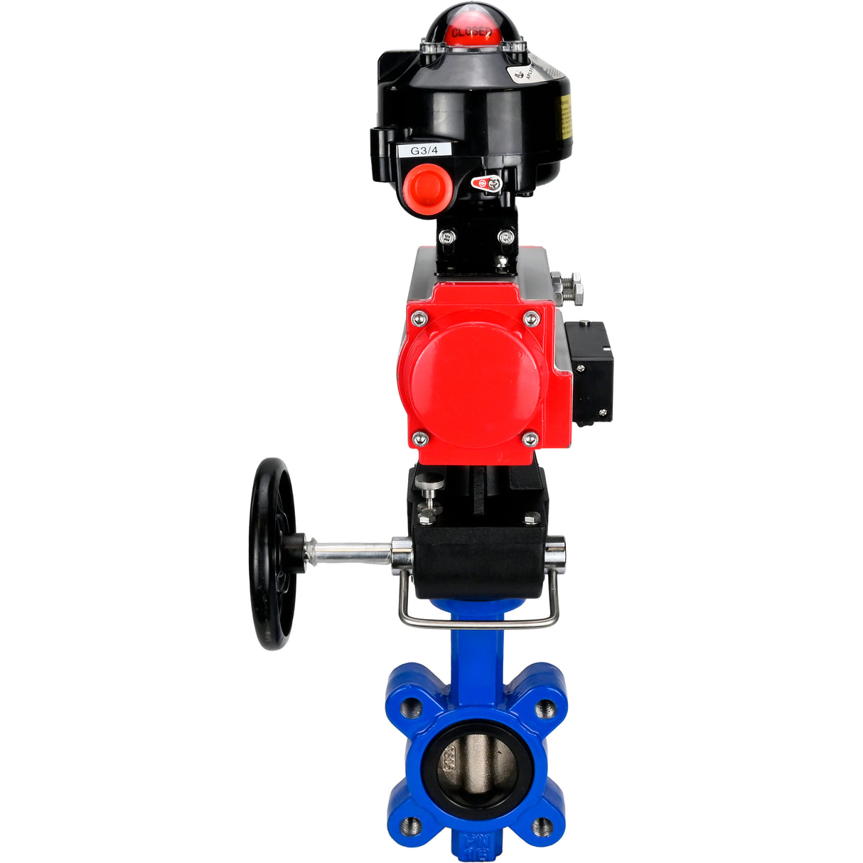 Water Butterfly Valve Elephant WBV1616E-2W-Fb-H, body material - cast iron QT450, disk material - cast iron QT450, seal - EPDM, pneumatic actuator PA-DA double action, 4M310-08 24V, LSU APL-510N EX, handwheel MON
