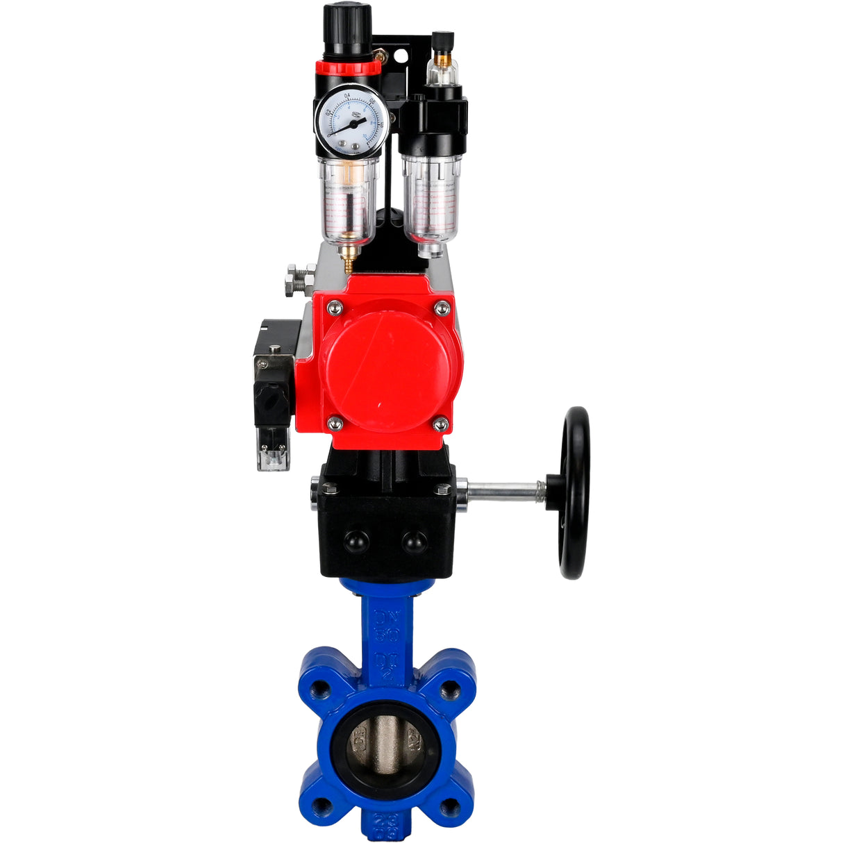 Water Butterfly Valve Elephant WBV1616N-2W-Fb-H, body material - cast iron QT450, disk material - cast iron QT450, seal - NBR, pneumatic actuator PA-DA double action, 4M310-08 24V handwheel MON, ATU AFC2000