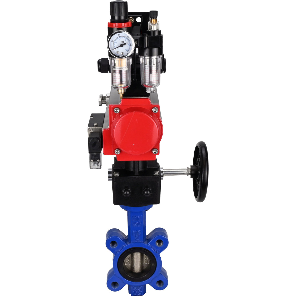 Water Butterfly Valve Elephant WBV1616E-2W-Fb-H, body material - cast iron QT450, disk material - cast iron QT450, seal - EPDM, pneumatic actuator PA-DA double action, 4M310-08 24V, LSU APL-210N, handwheel MON, ATU AFC2000