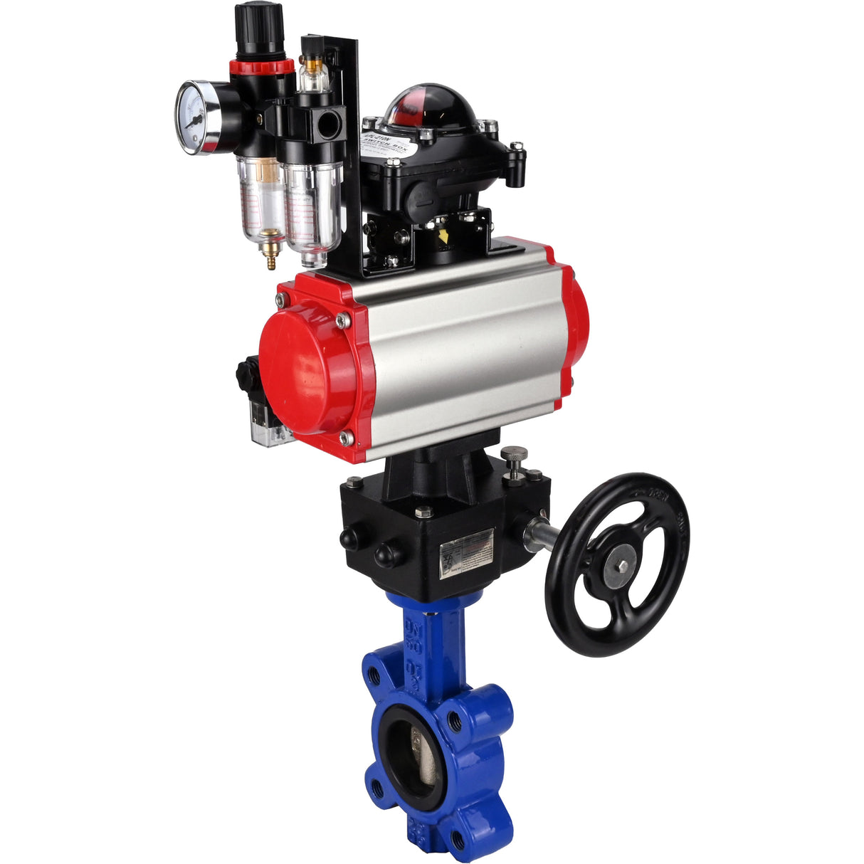 Water Butterfly Valve Elephant WBV1616E-2W-Fb-H, body material - cast iron QT450, disk material - cast iron QT450, seal - EPDM, pneumatic actuator PA-DA double action, 4M310-08 24V, LSU APL-210N, handwheel MON, ATU AFC2000