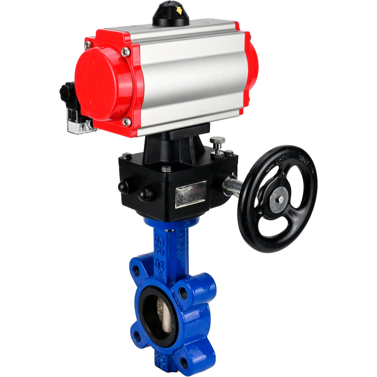 Water Butterfly Valve Elephant WBV1616E-2W-Fb-H, body material - cast iron QT450, disk material - cast iron QT450, seal - EPDM, with pneumatic actuator double action PA-DA, 4M310-08 24V, handwheel MON