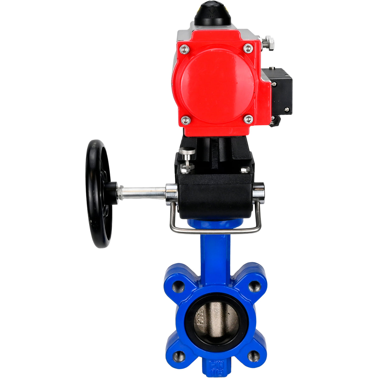 Water Butterfly Valve Elephant WBV1616E-2W-Fb-H, body material - cast iron QT450, disk material - cast iron QT450, seal - EPDM, with pneumatic actuator double action PA-DA, 4M310-08 24V, handwheel MON