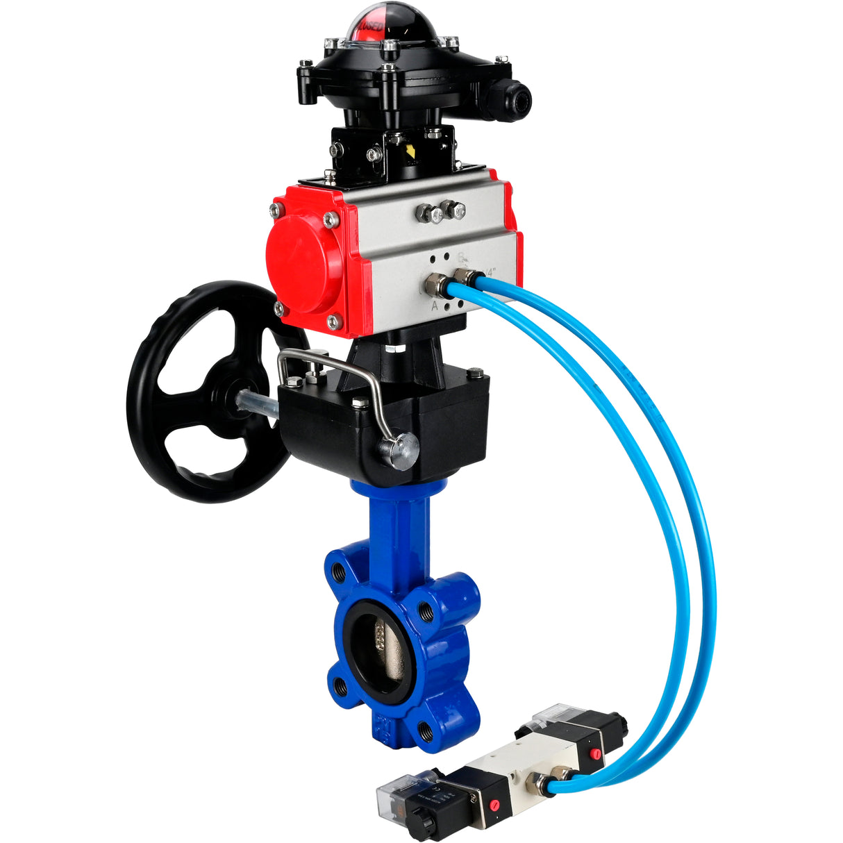 Water Butterfly Valve Elephant WBV1616N-2W-Fb-H, body material - cast iron QT450, disk material - cast iron QT450, seal - NBR, pneumatic actuator PA-DA double action, 4V320-08 220V, LSU APL-210N, handwheel MON