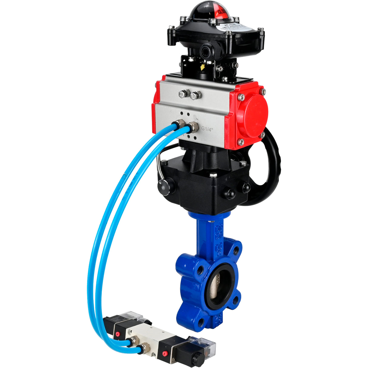 Water Butterfly Valve Elephant WBV1616N-2W-Fb-H, body material - cast iron QT450, disk material - cast iron QT450, seal - NBR, pneumatic actuator PA-DA double action, 4V320-08 220V, LSU APL-210N, handwheel MON