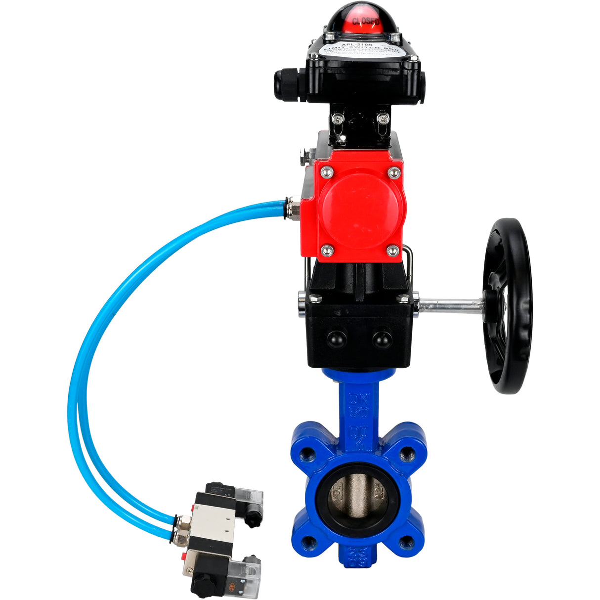 Water Butterfly Valve Elephant WBV1616N-2W-Fb-H, body material - cast iron QT450, disk material - cast iron QT450, seal - NBR, pneumatic actuator PA-DA double action, 4V320-08 220V, LSU APL-210N, handwheel MON