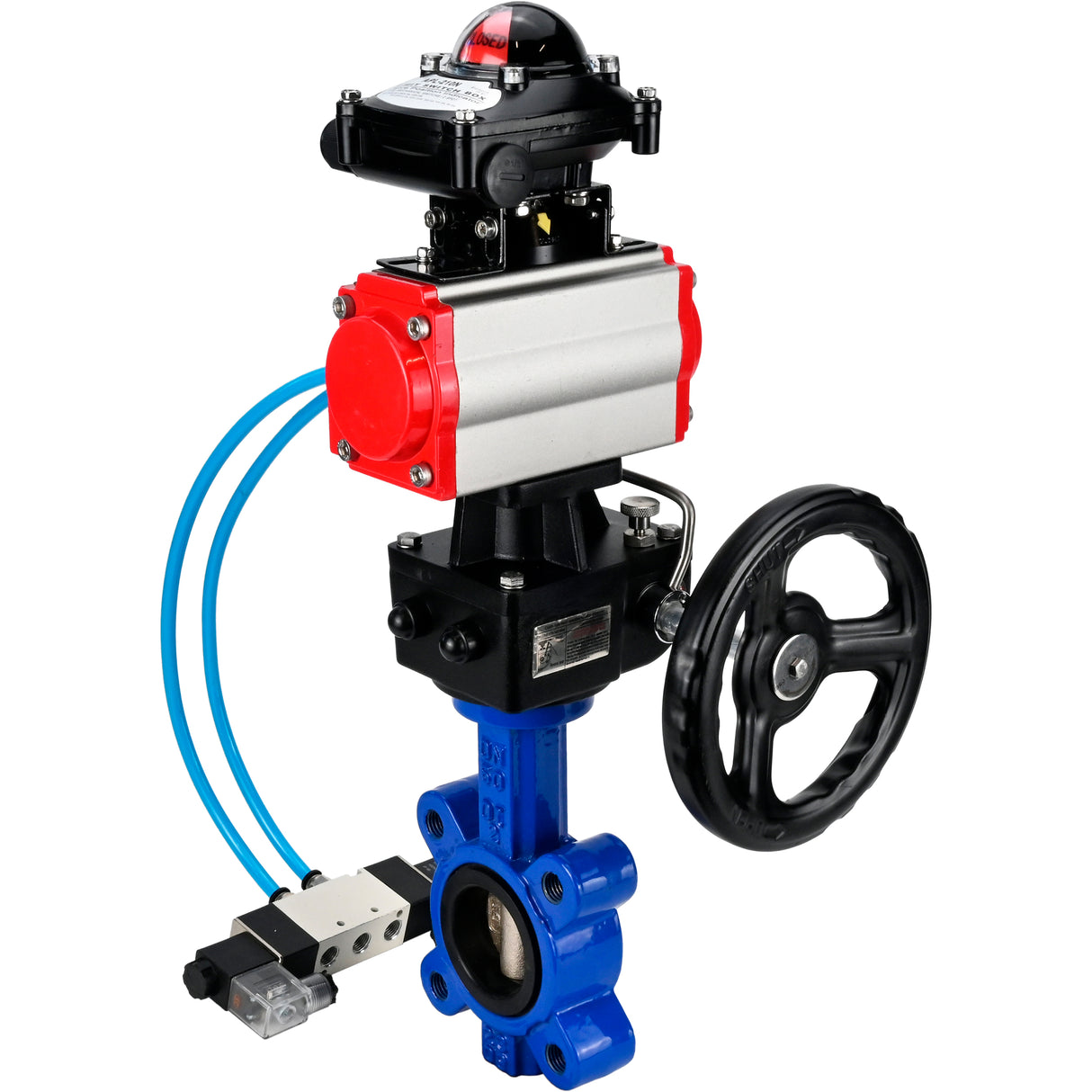 Water Butterfly Valve Elephant WBV1616N-2W-Fb-H, body material - cast iron QT450, disk material - cast iron QT450, seal - NBR, pneumatic actuator PA-DA double action, 4V320-08 220V, LSU APL-210N, handwheel MON