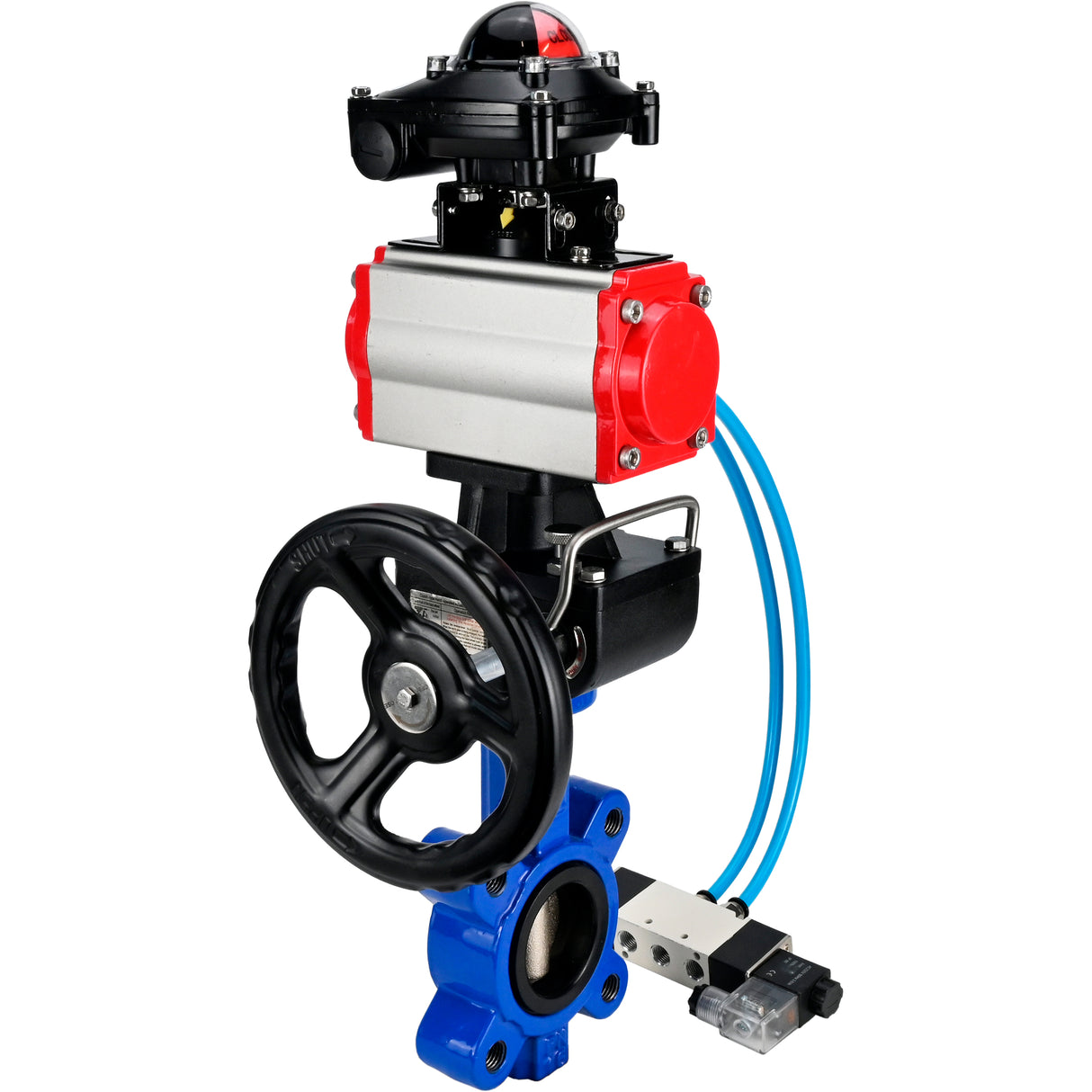Water Butterfly Valve Elephant WBV1616N-2W-Fb-H, body material - cast iron QT450, disk material - cast iron QT450, seal - NBR, pneumatic actuator PA-DA double action, 4V320-08 220V, LSU APL-210N, handwheel MON