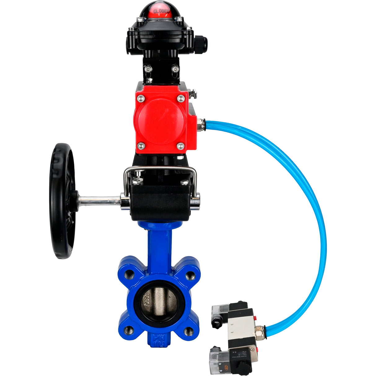 Water Butterfly Valve Elephant WBV1616N-2W-Fb-H, body material - cast iron QT450, disk material - cast iron QT450, seal - NBR, pneumatic actuator PA-DA double action, 4V320-08 220V, LSU APL-210N, handwheel MON