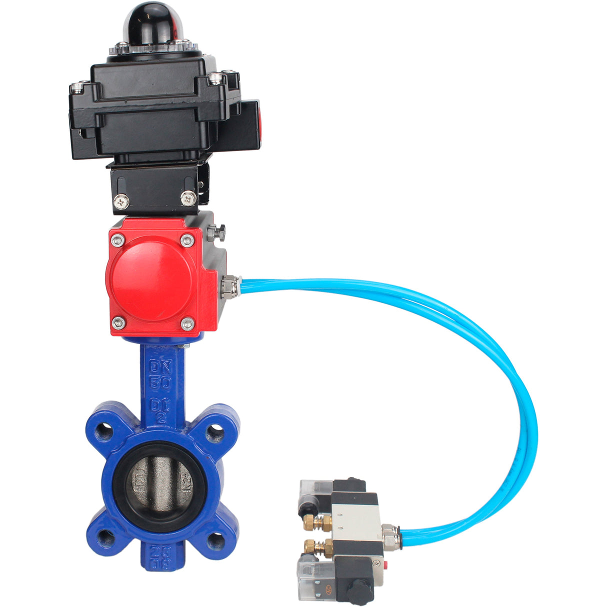 Water Butterfly Valve Elephant WBV1616N-2W-Fb-H, body material - cast iron QT450, disk material - cast iron QT450, seal - NBR, pneumatic actuator PA-SA with return springs, 4V320-08 220V, LSU APL-410N EX