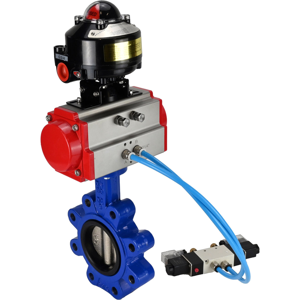 Water Butterfly Valve Elephant WBV1616N-2W-Fb-H, body material - cast iron QT450, disk material - cast iron QT450, seal - NBR, pneumatic actuator PA-SA with return springs, 4V320-10 220V, LSU APL-510N EX