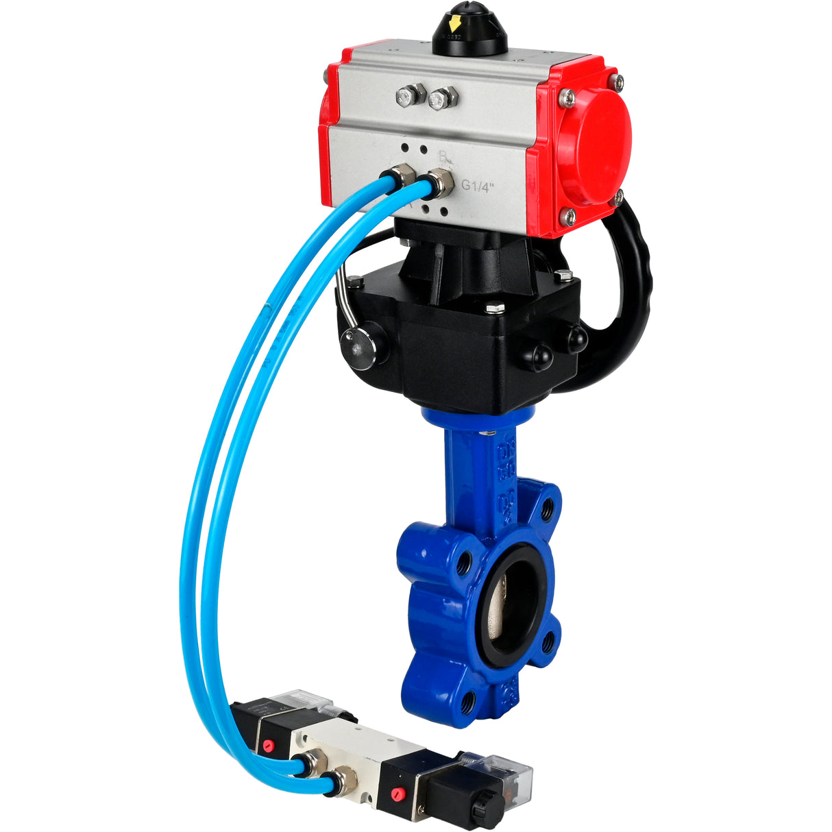Water Butterfly Valve Elephant WBV1616E-2W-Fb-H, body material - cast iron QT450, disk material - cast iron QT450, seal - EPDM, with pneumatic actuator double action PA-DA, 4V320-08 220V, handwheel MON