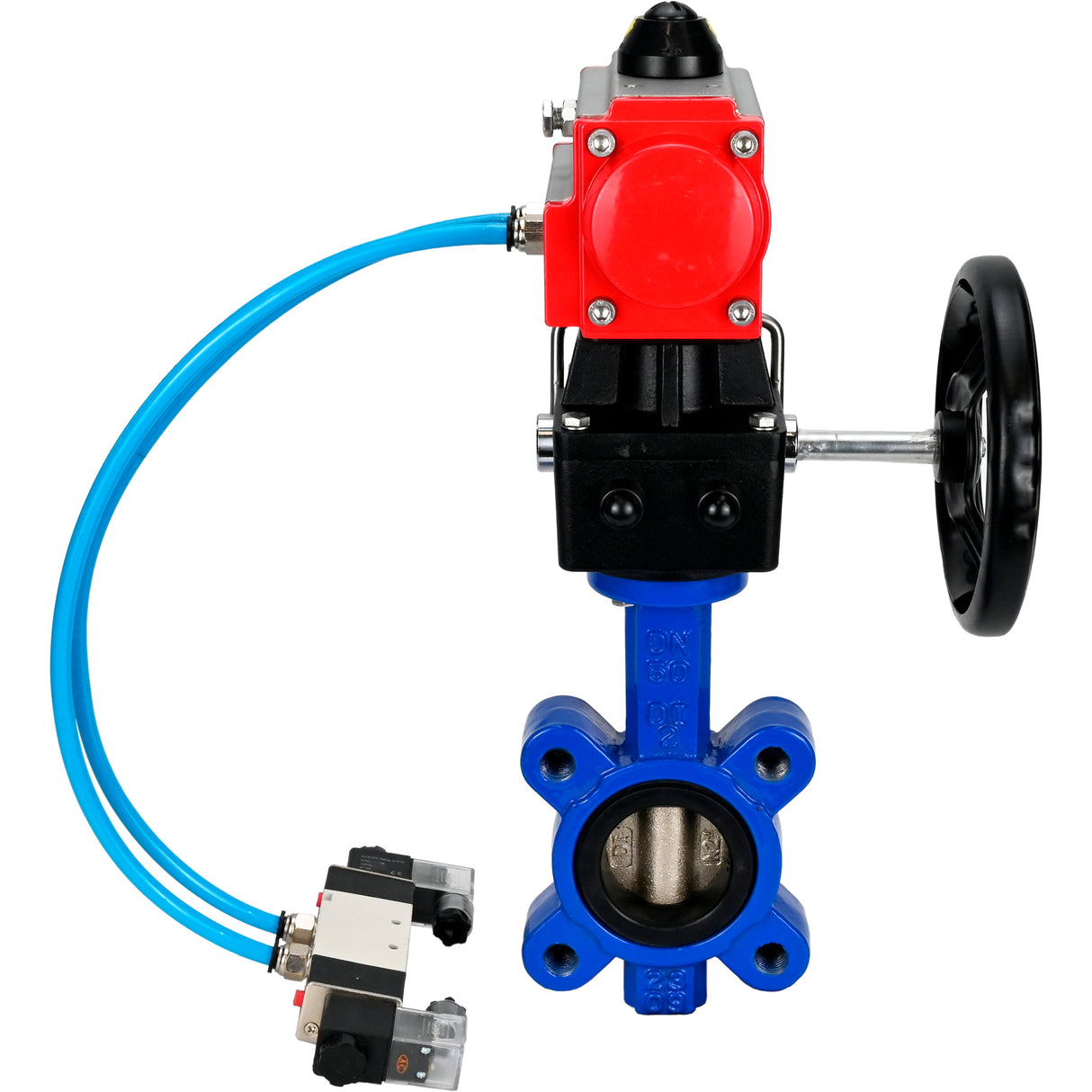 Water Butterfly Valve Elephant WBV1616E-2W-Fb-H, body material - cast iron QT450, disk material - cast iron QT450, seal - EPDM, with pneumatic actuator double action PA-DA, 4V320-08 220V, handwheel MON