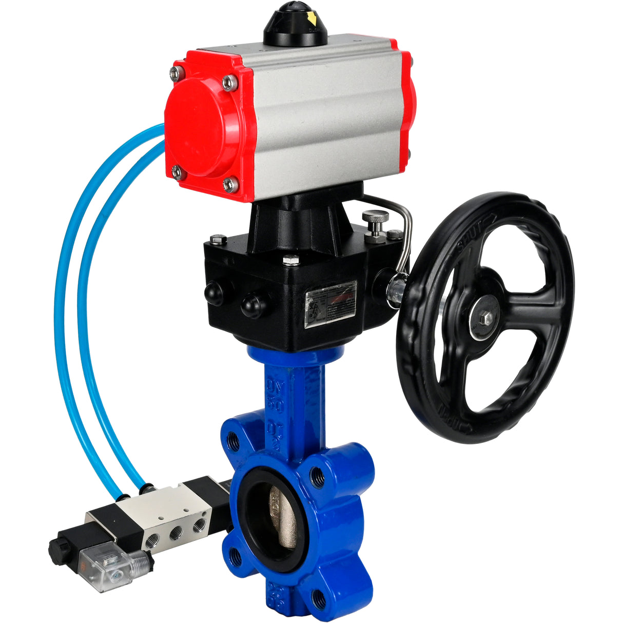 Water Butterfly Valve Elephant WBV1616E-2W-Fb-H, body material - cast iron QT450, disk material - cast iron QT450, seal - EPDM, with pneumatic actuator double action PA-DA, 4V320-08 220V, handwheel MON