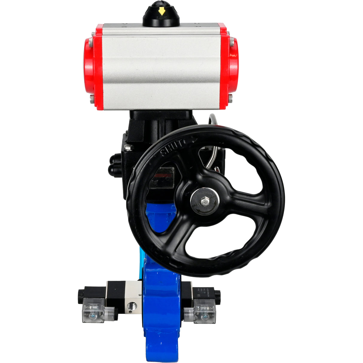 Water Butterfly Valve Elephant WBV1616E-2W-Fb-H, body material - cast iron QT450, disk material - cast iron QT450, seal - EPDM, with pneumatic actuator double action PA-DA, 4V320-08 220V, handwheel MON